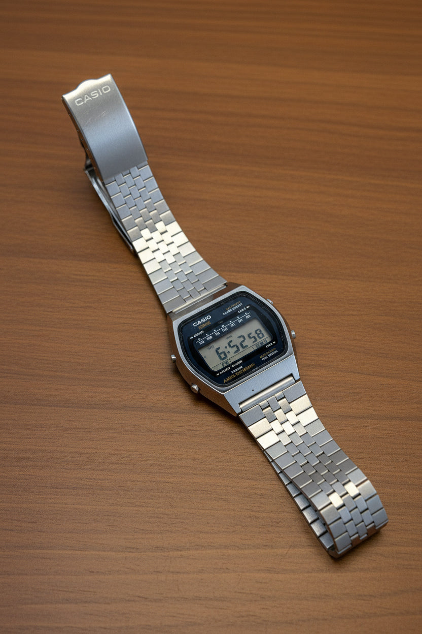Digital watch with a metal strap on a light gray background