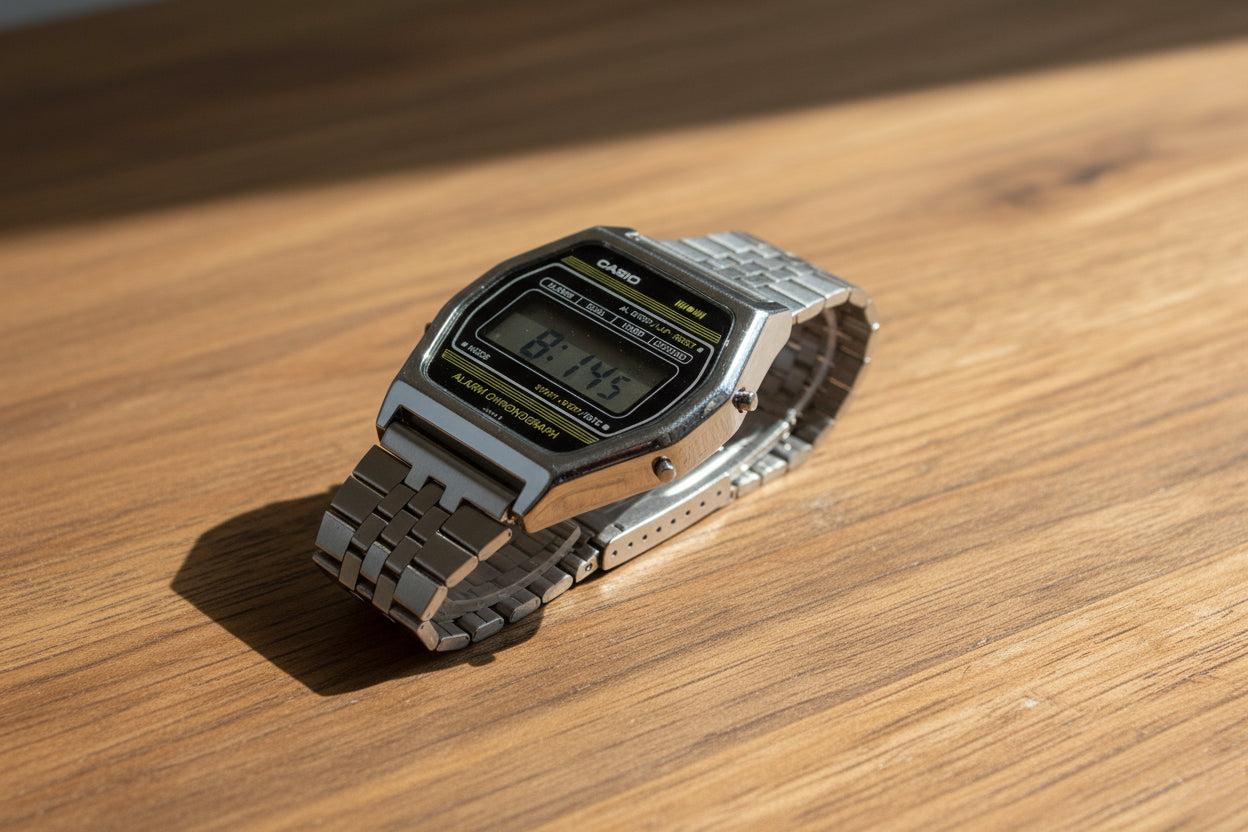 Digital watch with a silver band on a white background