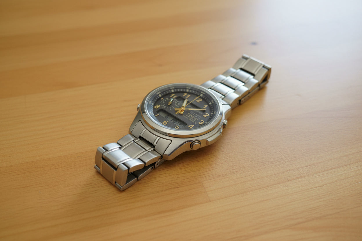 Silver Casio watch on a dark background with a Casio logo.