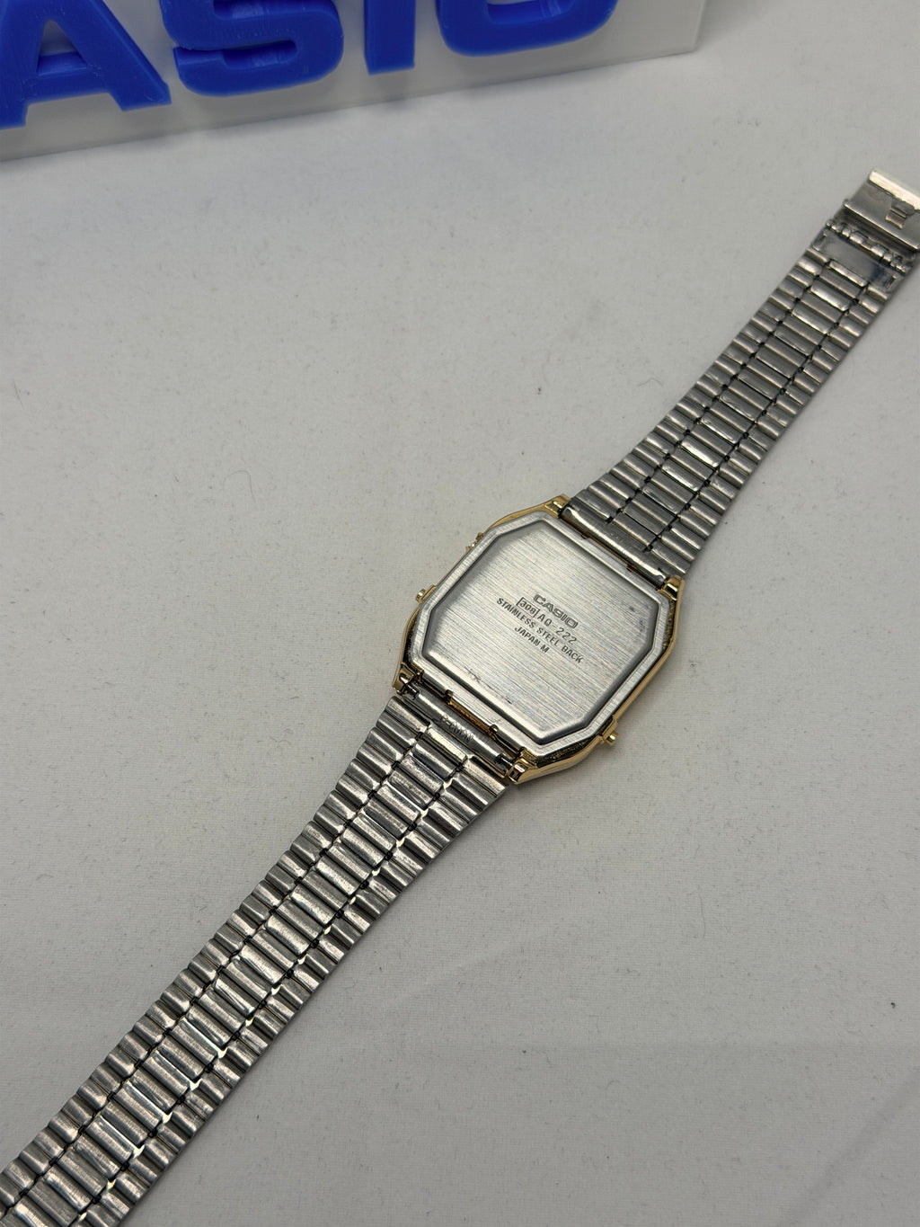 Casio AQ-222 is a vintage, rectangular ana-digi Japan 1980's watch