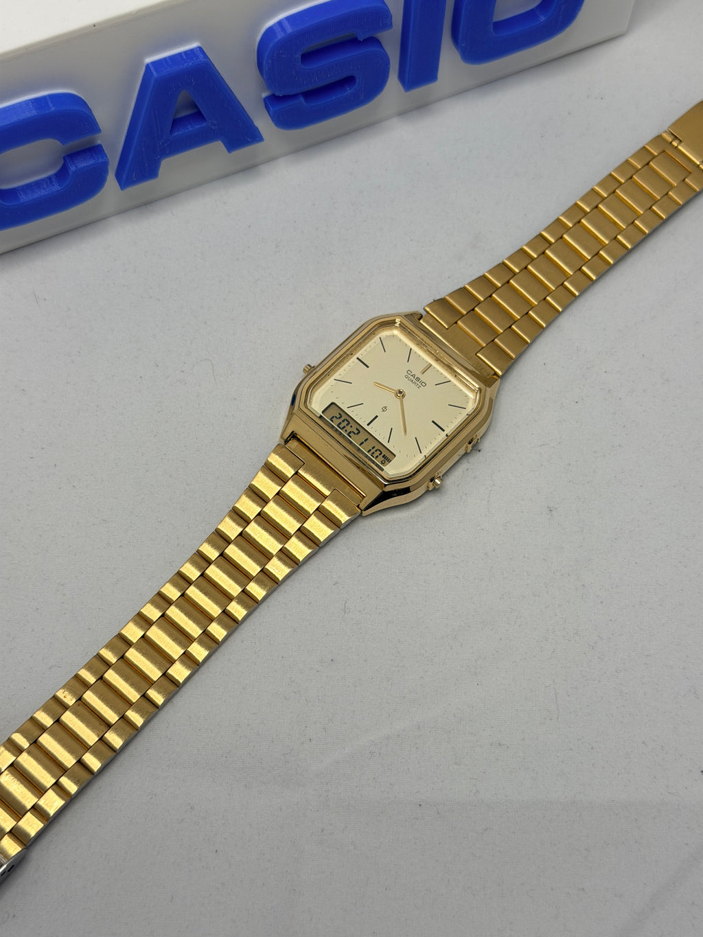 Casio AQ-222 is a vintage, rectangular ana-digi Japan 1980's watch