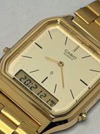 Casio AQ-222 is a vintage, rectangular ana-digi Japan 1980's watch