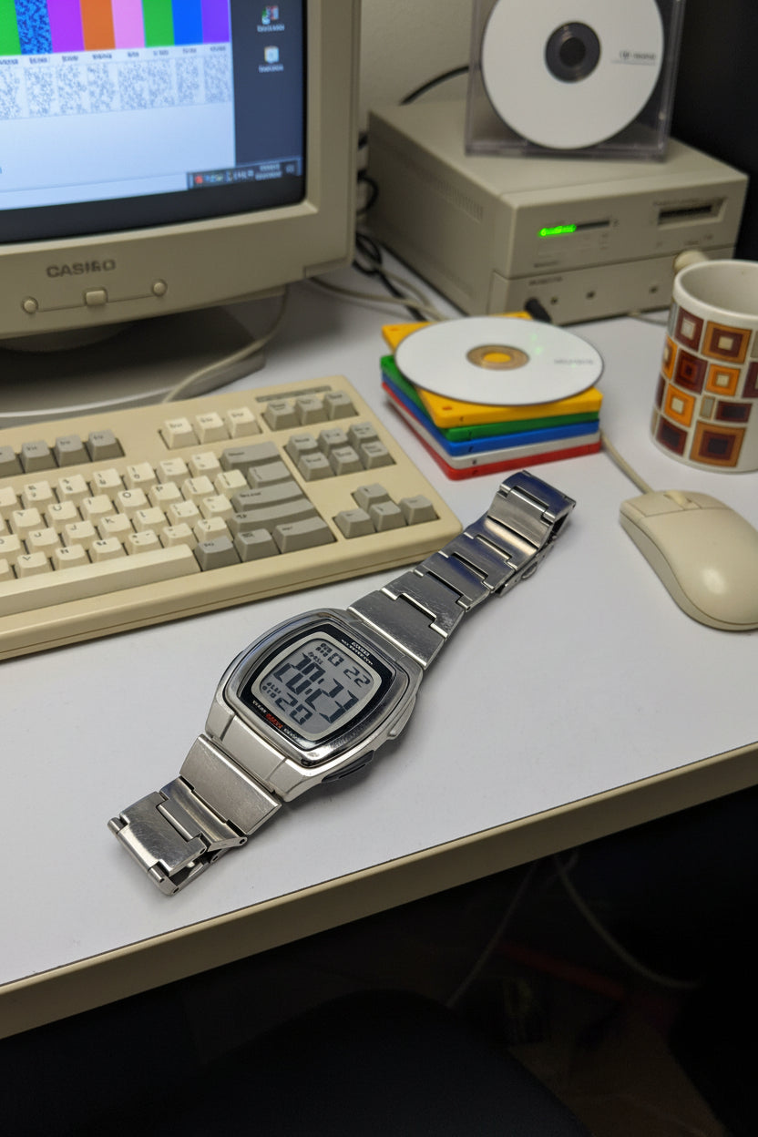 Casio W-E10 vintage, sporty digital wristwatch released late 1990s.