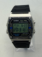 Digital watch with black strap on a white background, Casio branding visible.