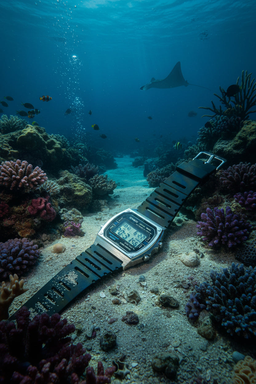 Digital Casio watch with black strap on a light gray background