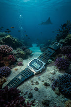 Digital Casio watch with black strap on a light gray background
