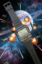 A Casio digital watch with a black rectangular face, black strap, and small red buttons on the upper right side of the display, photographed on a dark gray background.