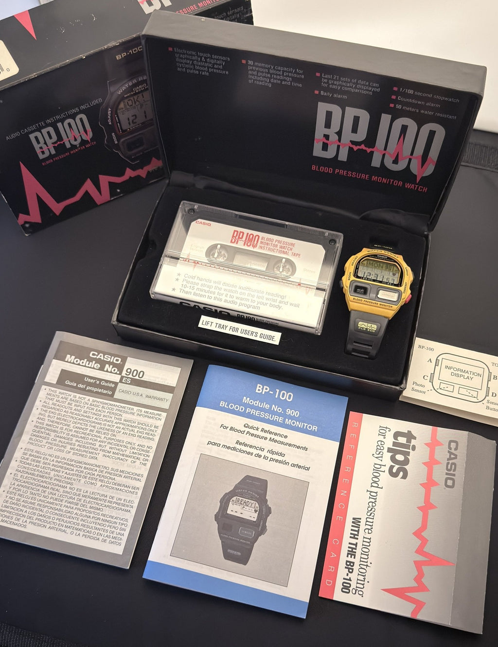 Casio BP-100 Yellow FULL SET NOS blood pressure watch Japan 1990 - VINDIGI