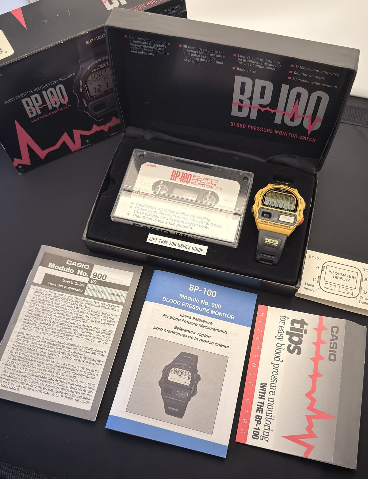Casio BP-100 Yellow FULL SET NOS blood pressure watch Japan 1990 - VINDIGI