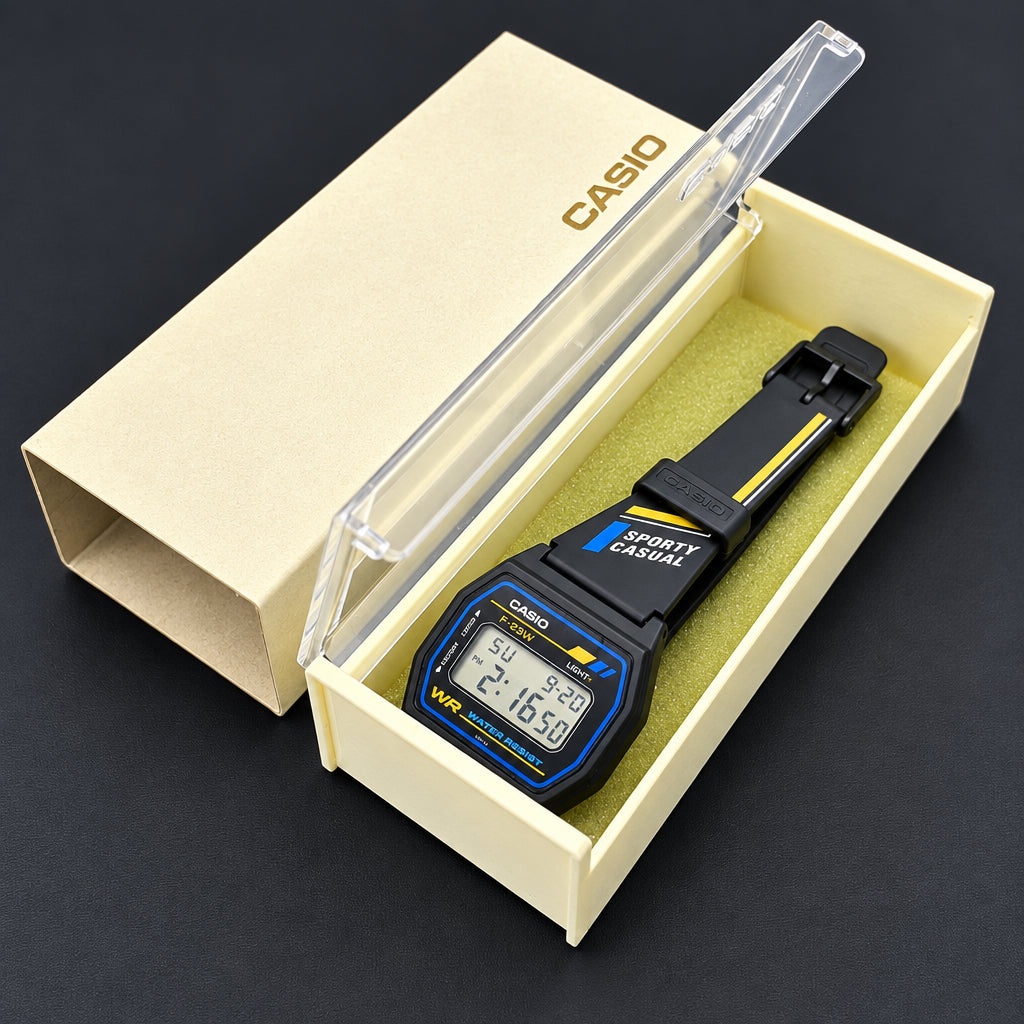 A Casio digital watch with a black strap and blue accents, resting inside its open beige presentation box with a clear protective cover.